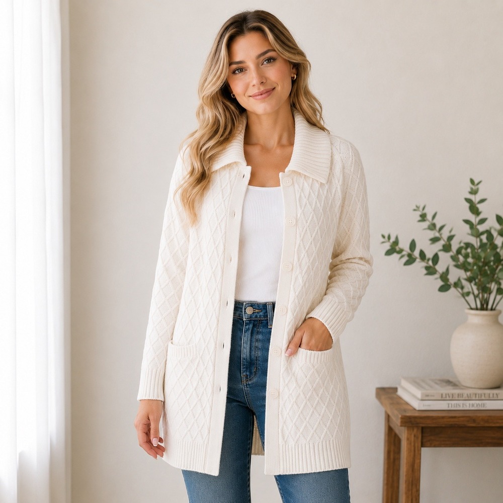Jones New York Signature Diamond Cable Knit Cardigan Women M Cream White Button
